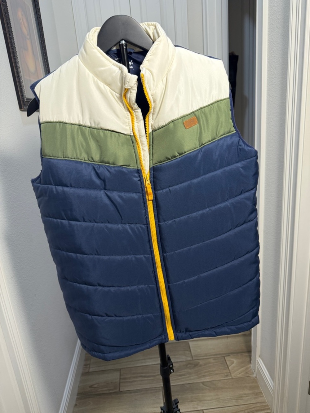 Weatherproof Kids Colorblock Puffer Vest - Navy, Olive & Cream with Yellow Zip